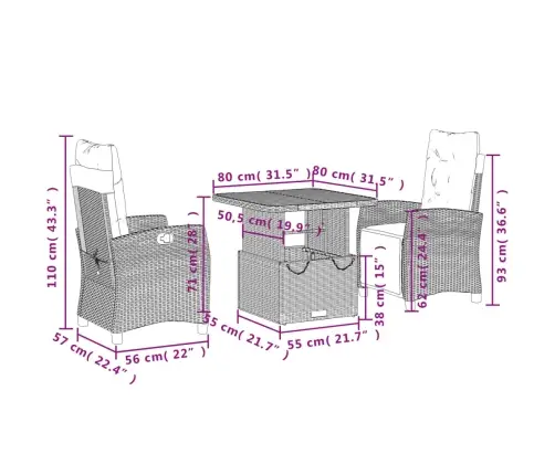 3-Osaline Aiamööbli Komplekt Patjadega, Hall, Polürotang
