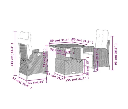 3-Daļīgs Dārza Mēbeļu Komplekts, Matrači, Pelēka Pe Rotangpalma Vidaxl