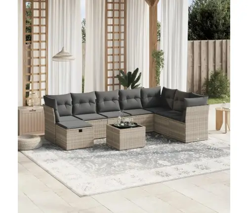 9-Daļīgs Dārza Dīvāna Komplekts,Matrači, Gaiši Pelēka Pe Pinums Vidaxl