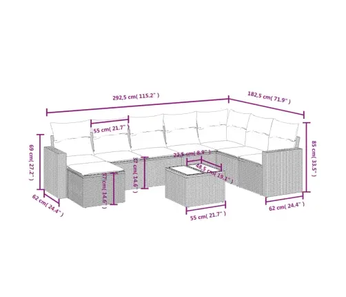 9-Daļīgs Dārza Dīvāna Komplekts Ar Matračiem, Pelēks Pe Pinums Vidaxl