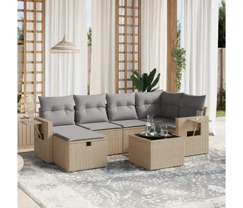 Sofos Komplektas Su Pagalvėlėmis, 7 Dalių, Smėlio, Poliratanas