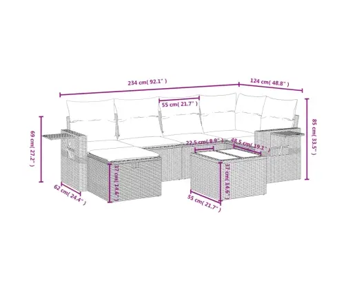 7-Osaline Aiamööblikomplekt Patjadega, Helehall, Polürotang