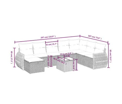 Sofos Komplektas Su Pagalvėlėmis, 9 Dalių, Pilkas, Poliratanas