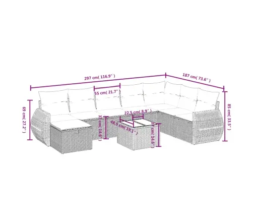 Sofos Komplektas Su Pagalvėlėmis, 9 Dalių, Pilkas, Poliratanas