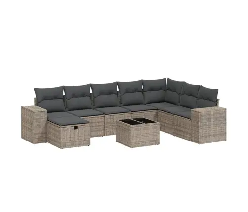 9-Daļīgs Dārza Dīvāna Komplekts Ar Matračiem, Pelēks Pe Pinums Vidaxl