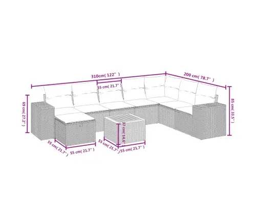 9-Daļīgs Dārza Dīvāna Komplekts, Matrači, Bēša Pe Rotangpalma Vidaxl