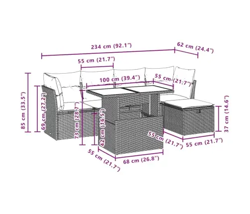 6-Osaline Aiamööblikomplekt Patjadega, Helehall, Polürotang