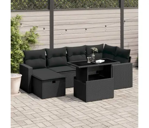 Sofos Komplektas Su Pagalvėlėmis, 7 Dalių, Juodas, Poliratanas