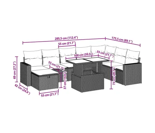 9-Daļīgs Dārza Dīvānu Komplekts, Matrači, Bēša Pe Rotangpalma Vidaxl