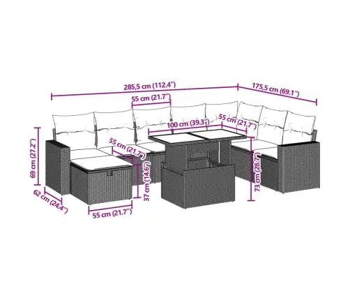 9-Daļīgs Dārza Dīvāna Komplekts Ar Matračiem, Pelēks Pe Pinums Vidaxl