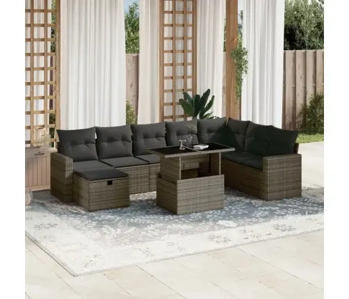 9-Daļīgs Dārza Dīvāna Komplekts Ar Matračiem, Pelēks Pe Pinums Vidaxl