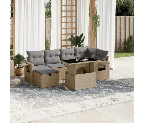 Sofos Komplektas Su Pagalvėlėmis, 7 Dalių, Smėlio, Poliratanas