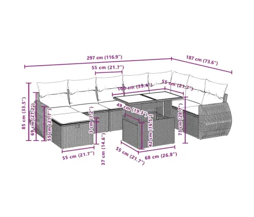 9-Daļīgs Dārza Dīvāna Komplekts Ar Matračiem, Pelēks Pe Pinums Vidaxl