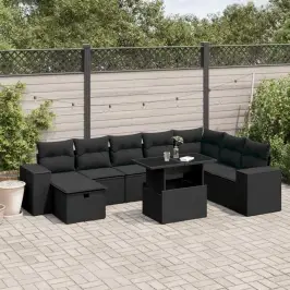 9-Daļīgs Dārza Dīvāna Komplekts, Matrači, Melna Pe Rotangpalma Vidaxl