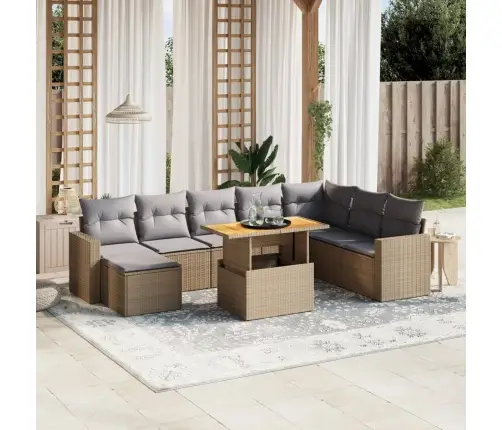 9-Daļīgs Dārza Dīvānu Komplekts, Matrači, Bēša Pe Rotangpalma Vidaxl