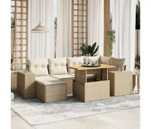 Sofos Komplektas Su Pagalvėlėmis, 7 Dalių, Smėlio, Poliratanas