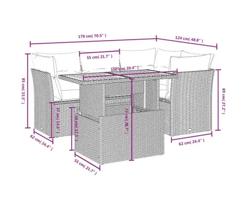 5-Osaline Aiamööblikomplekt Istmepatjadega, Polürotang, Hall