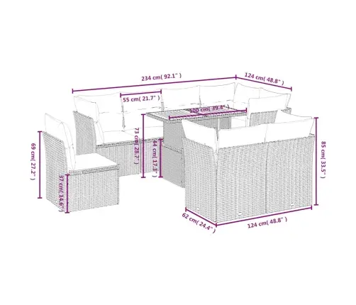 9-Daļīgs Dārza Dīvānu Komplekts, Matrači, Bēša Pe Rotangpalma Vidaxl