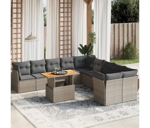 11-Daļīgs Dārza Dīvāna Komplekts Ar Matračiem, Pelēks Pe Pinums Vidaxl