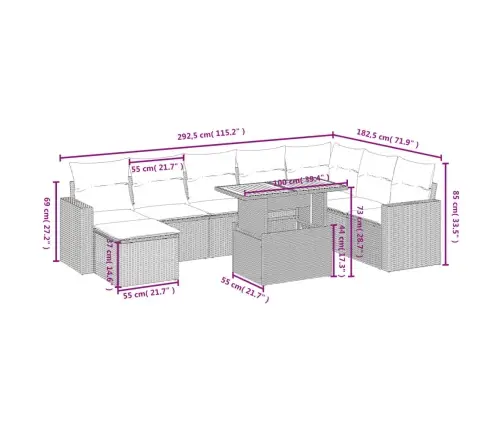 9-Daļīgs Dārza Dīvāna Komplekts Ar Matračiem, Pelēks Pe Pinums Vidaxl