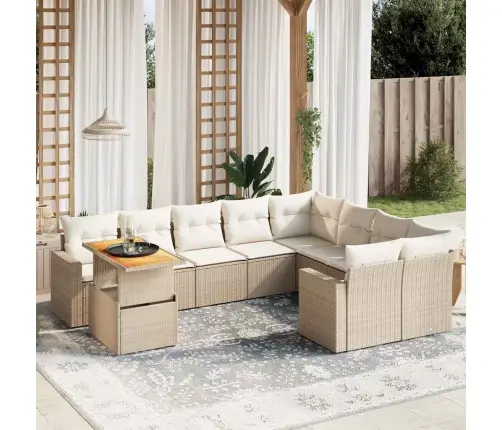 10-Daļīgs Dārza Dīvāna Komplekts, Matrači, Bēša Pe Rotangpalma Vidaxl