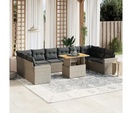 11-Daļīgs Dārza Dīvāna Komplekts Ar Matračiem, Pelēks Pe Pinums Vidaxl