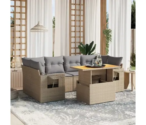 Sofos Komplektas Su Pagalvėlėmis, 7 Dalių, Smėlio, Poliratanas