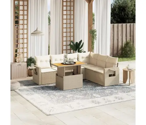 Sofos Komplektas Su Pagalvėlėmis, 7 Dalių, Smėlio, Poliratanas