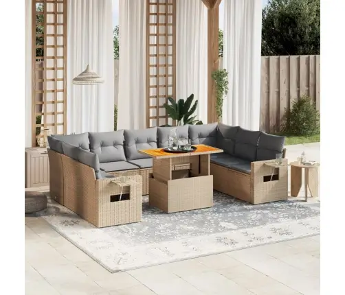 10-Daļīgs Dārza Dīvāna Komplekts, Matrači, Bēša Pe Rotangpalma Vidaxl