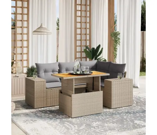 Sofos Komplektas Su Pagalvėlėmis, 5 Dalių, Smėlio, Poliratanas