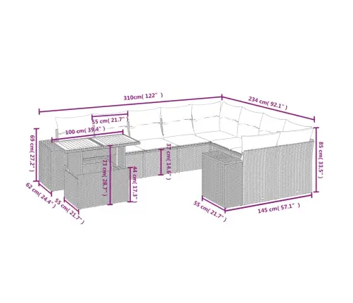 10-Daļīgs Dārza Dīvāna Komplekts, Matrači, Melna Pe Rotangpalma Vidaxl
