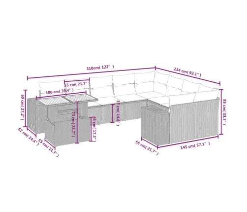 Sofos Komplektas Su Pagalvėlėmis, 10 Dalių, Smėlio, Poliratanas