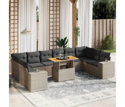 11-Daļīgs Dārza Dīvāna Komplekts Ar Matračiem, Pelēks Pe Pinums Vidaxl