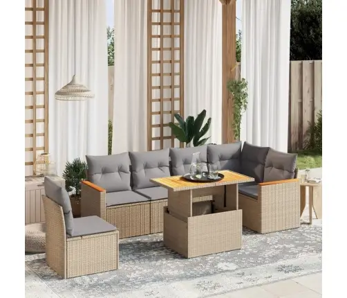 7-Daļīgs Dārza Dīvāna Komplekts, Matrači, Bēša Pe Rotangpalma Vidaxl