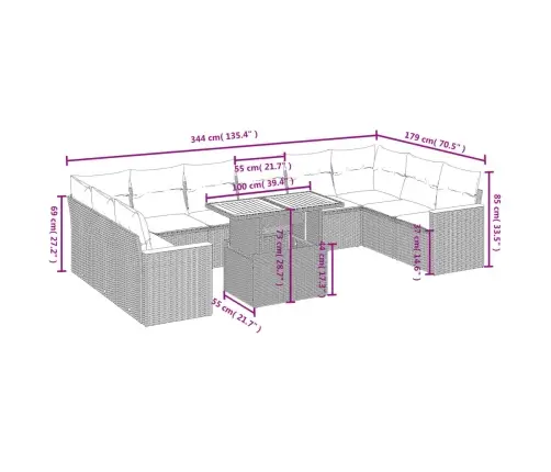 11-Daļīgs Dārza Dīvāna Komplekts, Matrači, Bēša Pe Rotangpalma Vidaxl