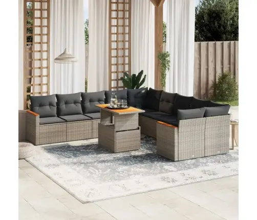 11-Daļīgs Dārza Dīvāna Komplekts Ar Matračiem, Pelēks Pe Pinums Vidaxl