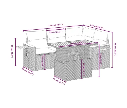 5-Osaline Aiamööblikomplekt Istmepatjadega, Polürotang, Hall