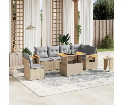 7-Daļīgs Dārza Dīvāna Komplekts, Matrači, Bēša Pe Rotangpalma Vidaxl