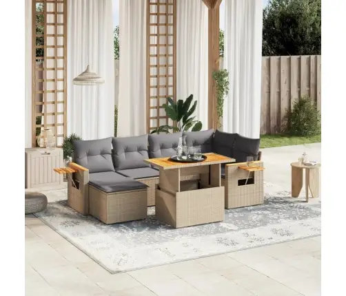 7-Daļīgs Dārza Dīvāna Komplekts, Matrači, Bēša Pe Rotangpalma Vidaxl