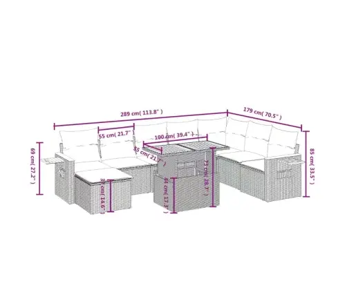 9-Daļīgs Dārza Dīvānu Komplekts, Matrači, Bēša Pe Rotangpalma Vidaxl