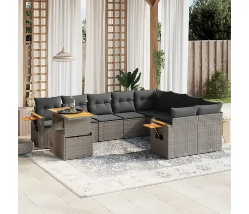 10-Daļīgs Dārza Dīvāna Komplekts Ar Matračiem, Pelēks Pe Pinums Vidaxl