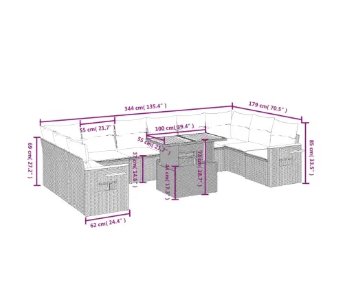 11-Daļīgs Dārza Dīvāna Komplekts, Matrači, Bēša Pe Rotangpalma Vidaxl