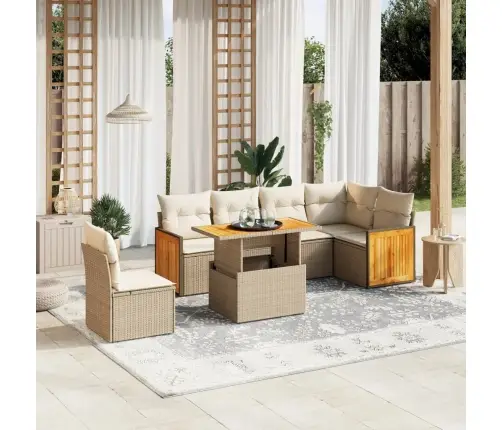 Sofos Komplektas Su Pagalvėlėmis, 7 Dalių, Smėlio, Poliratanas