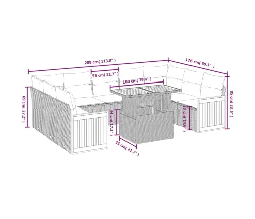 10-Daļīgs Dārza Dīvāna Komplekts Ar Matračiem, Pelēks Pe Pinums Vidaxl
