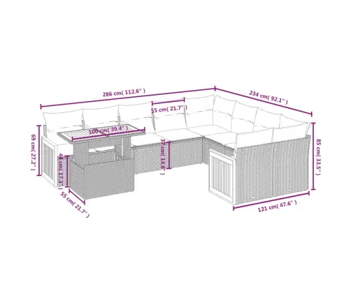 10-Daļīgs Dārza Dīvāna Komplekts, Matrači, Bēša Pe Rotangpalma Vidaxl