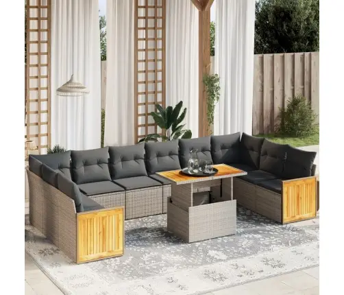 11-Daļīgs Dārza Dīvāna Komplekts Ar Matračiem, Pelēks Pe Pinums Vidaxl