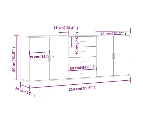 Kumodes, 3 Gab., Pelēka Ozolkoka Krāsa, Inženierijas Koks Vidaxl
