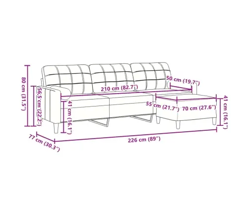 Trīsvietīgs Dīvāns Ar Kājsoliņu, 210 Cm, Gaiši Pelēks Samts Vidaxl