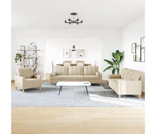 Trīsdaļīgs Dīvānu Komplekts Ar Spilveniem, Krēmkrāsas Audums Vidaxl