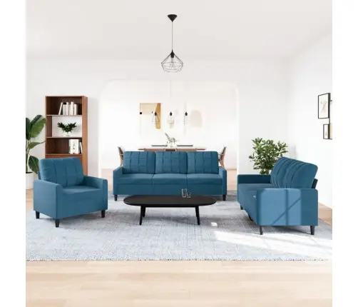 Sofos Komplektas Su Pagalvėlėmis, 3 Dalių, Mėlynas, Aksomas